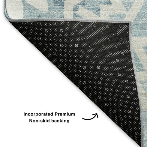 9' X 12' Denim Blue And Ivory Geometric Washable Area Rug With UV Protection