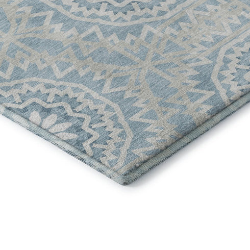 9' X 12' Denim Blue And Ivory Geometric Washable Area Rug With UV Protection