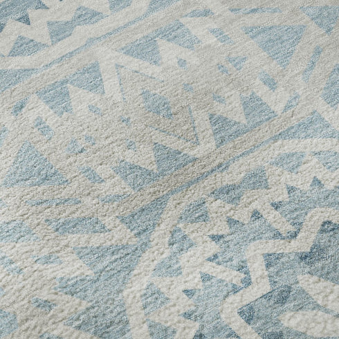9' X 12' Denim Blue And Ivory Geometric Washable Area Rug With UV Protection