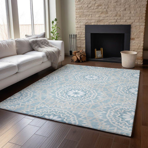 9' X 12' Denim Blue And Ivory Geometric Washable Area Rug With UV Protection