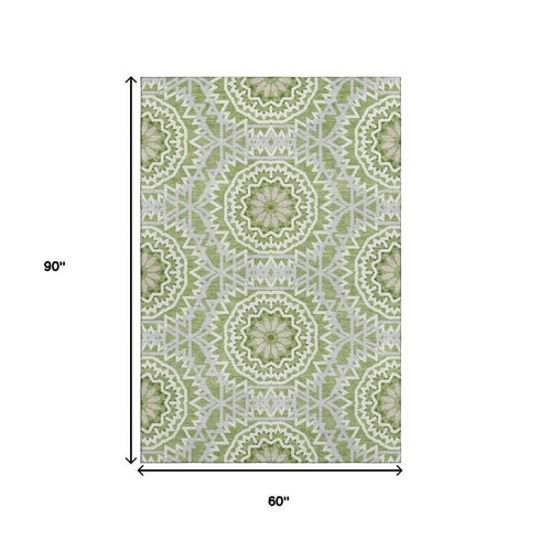 5' X 8' Green And Ivory Geometric Washable Area Rug With UV Protection