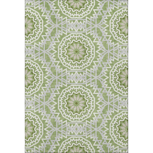 5' X 8' Green And Ivory Geometric Washable Area Rug With UV Protection
