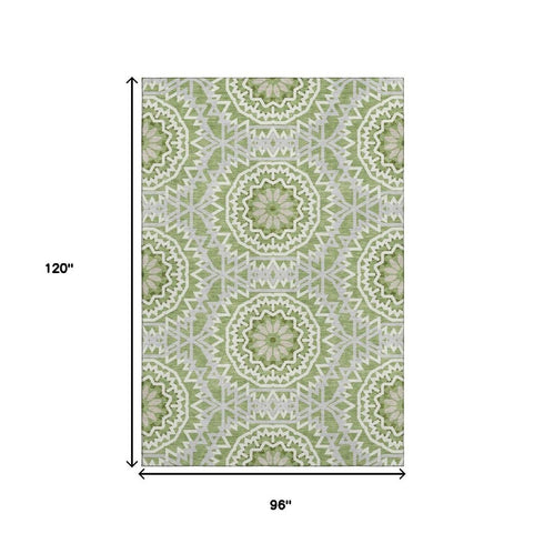 8' X 10' Green And Ivory Geometric Washable Area Rug With UV Protection