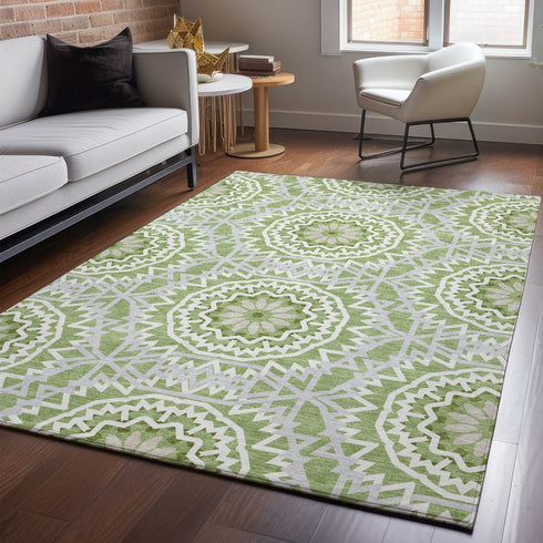 8' X 10' Green And Ivory Geometric Washable Area Rug With UV Protection