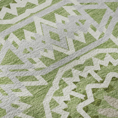 8' X 10' Green And Ivory Geometric Washable Area Rug With UV Protection