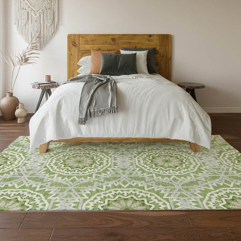 8' X 10' Green And Ivory Geometric Washable Area Rug With UV Protection