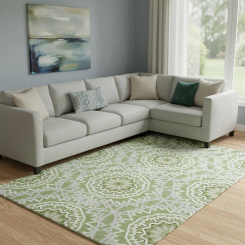 8' X 10' Green And Ivory Geometric Washable Area Rug With UV Protection
