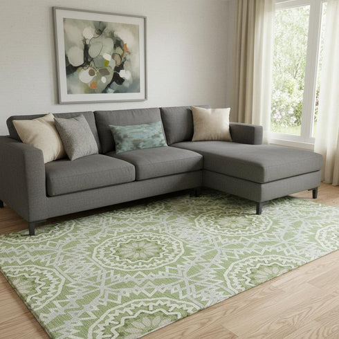 9' X 12' Green And Ivory Geometric Washable Area Rug With UV Protection