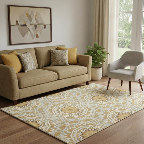 5' X 8' Gold And Ivory Geometric Washable Area Rug With UV Protection