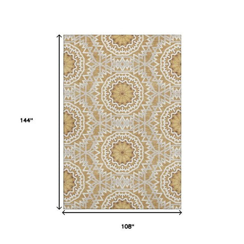 9' X 12' Gold And Ivory Geometric Washable Area Rug With UV Protection