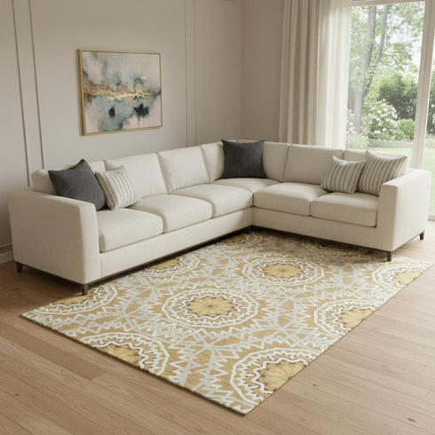 9' X 12' Gold And Ivory Geometric Washable Area Rug With UV Protection