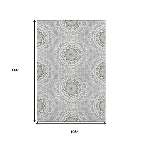 9' X 12' Gray And Ivory Geometric Washable Area Rug With UV Protection