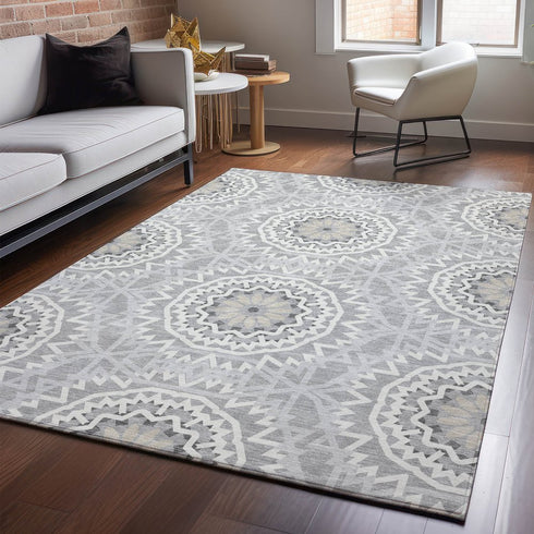 9' X 12' Gray And Ivory Geometric Washable Area Rug With UV Protection