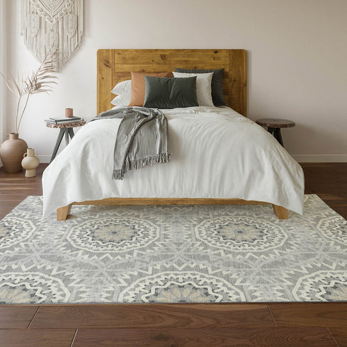 9' X 12' Gray And Ivory Geometric Washable Area Rug With UV Protection