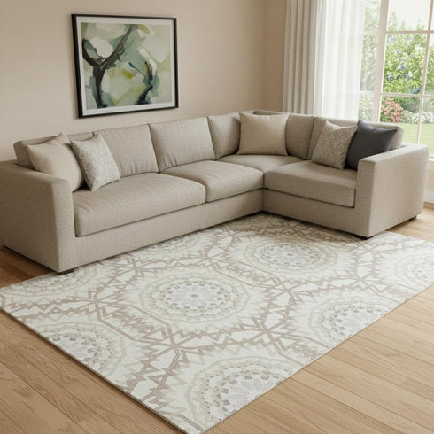 9' X 12' Ivory And Gray Geometric Washable Area Rug With UV Protection
