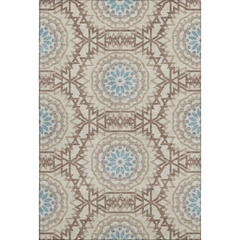 5' X 8' Khaki And Teal Geometric Washable Area Rug With UV Protection