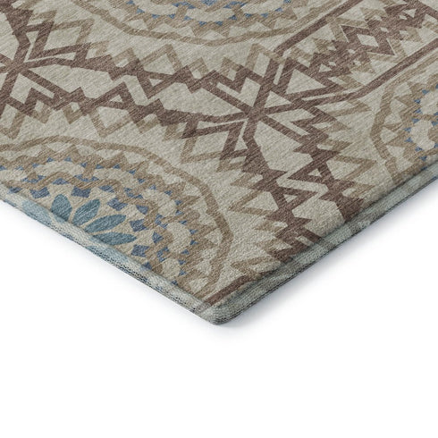 5' X 8' Khaki And Teal Geometric Washable Area Rug With UV Protection