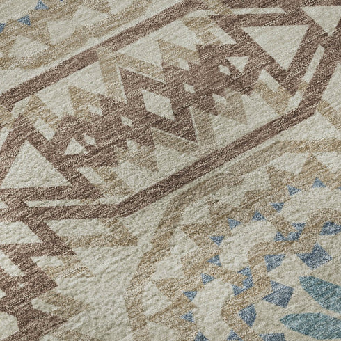 5' X 8' Khaki And Teal Geometric Washable Area Rug With UV Protection