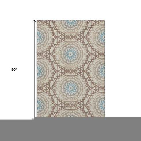 5' X 8' Khaki And Teal Geometric Washable Area Rug With UV Protection