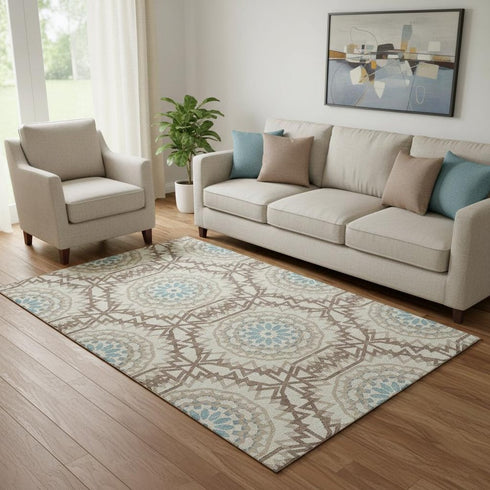 5' X 8' Khaki And Teal Geometric Washable Area Rug With UV Protection