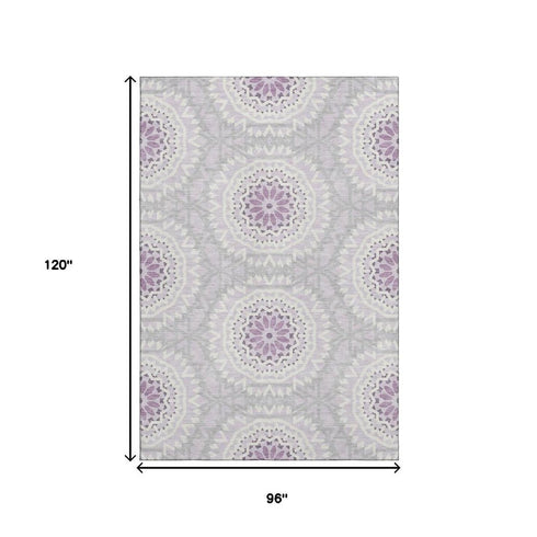 8' X 10' Lilac And Ivory Geometric Washable Area Rug With UV Protection