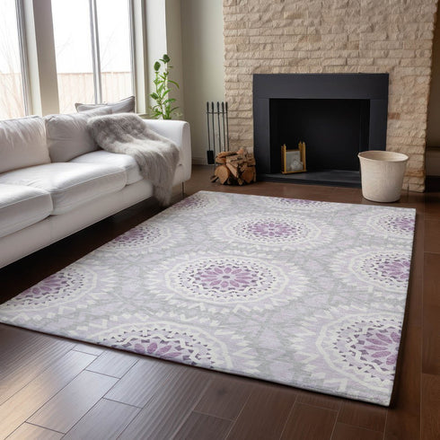 8' X 10' Lilac And Ivory Geometric Washable Area Rug With UV Protection