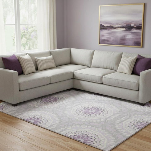 8' X 10' Lilac And Ivory Geometric Washable Area Rug With UV Protection