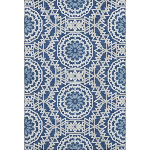 5' X 8' Navy Blue And Ivory Geometric Washable Area Rug With UV Protection