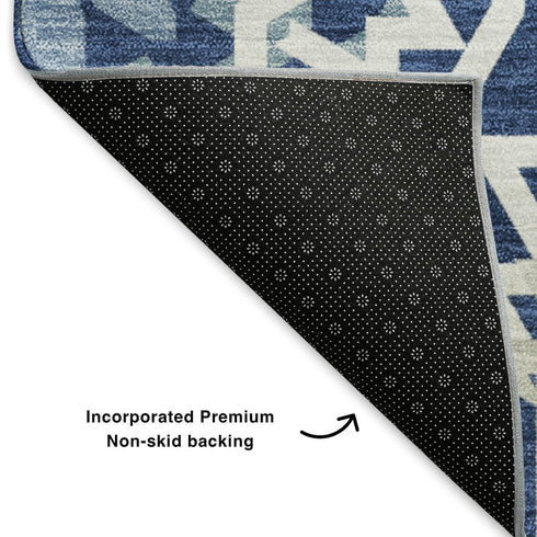 5' X 8' Navy Blue And Ivory Geometric Washable Area Rug With UV Protection