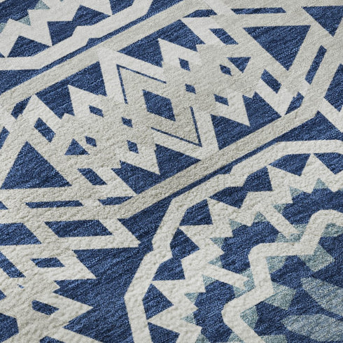 5' X 8' Navy Blue And Ivory Geometric Washable Area Rug With UV Protection