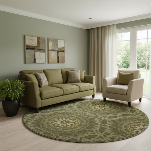 8' Olive Green And Gold Geometric Washable Round Rug With UV Protection
