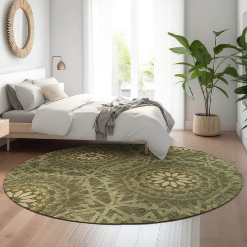 8' Olive Green And Gold Geometric Washable Round Rug With UV Protection