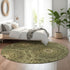 8' Olive Green And Gold Geometric Washable Round Rug With UV Protection