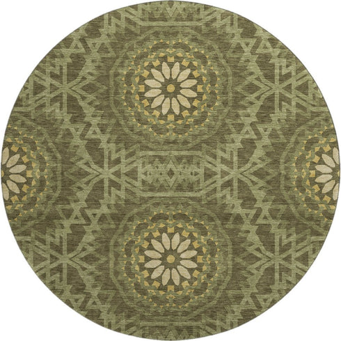8' Olive Green And Gold Geometric Washable Round Rug With UV Protection