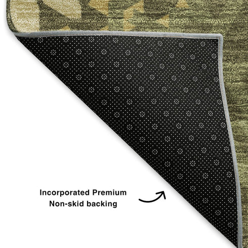 8' Olive Green And Gold Geometric Washable Round Rug With UV Protection