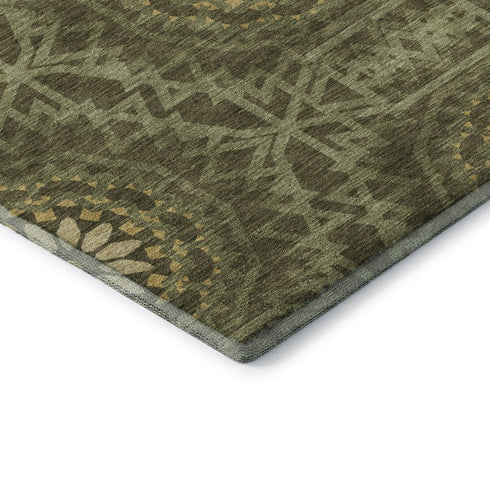 8' Olive Green And Gold Geometric Washable Round Rug With UV Protection