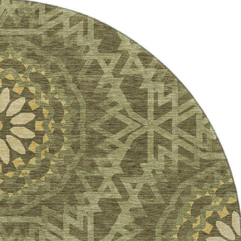 8' Olive Green And Gold Geometric Washable Round Rug With UV Protection