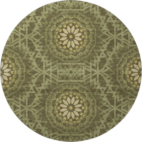 8' Olive Green And Gold Geometric Washable Round Rug With UV Protection