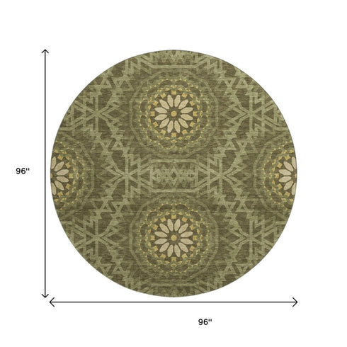 8' Olive Green And Gold Geometric Washable Round Rug With UV Protection