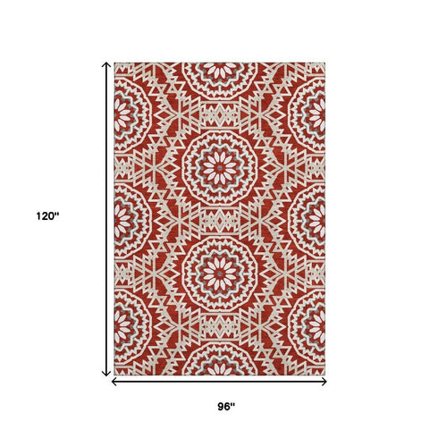 8' X 10' Red And Ivory Geometric Washable Area Rug With UV Protection