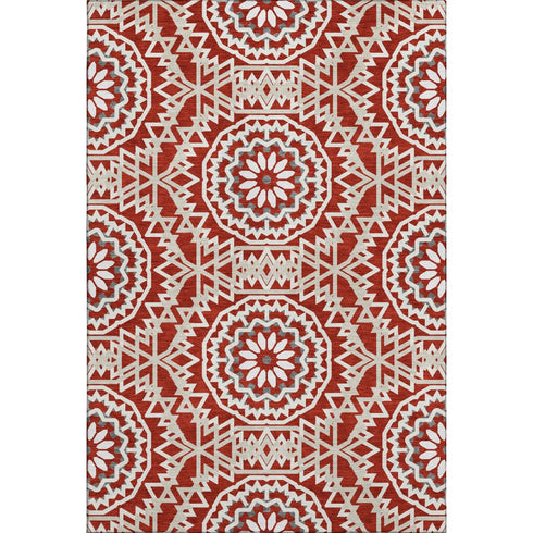8' X 10' Red And Ivory Geometric Washable Area Rug With UV Protection