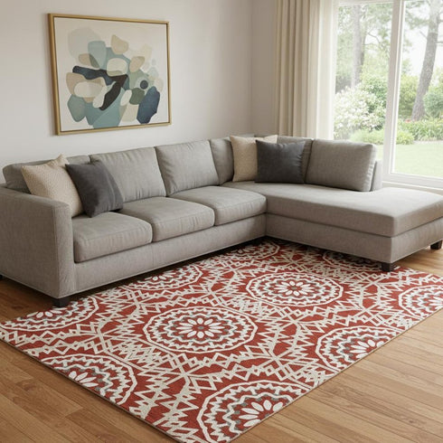 8' X 10' Red And Ivory Geometric Washable Area Rug With UV Protection