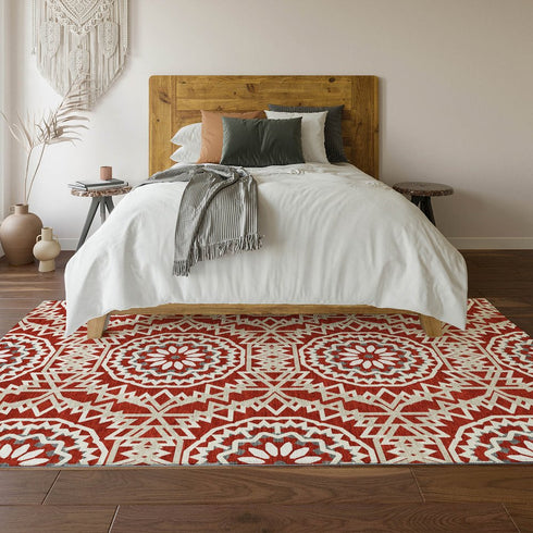 8' X 10' Red And Ivory Geometric Washable Area Rug With UV Protection
