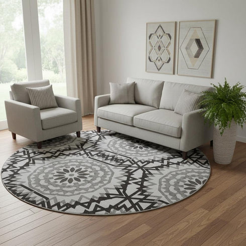 8' White And Black Geometric Washable Round Rug With UV Protection