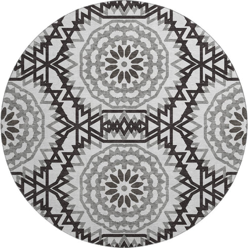 8' White And Black Geometric Washable Round Rug With UV Protection