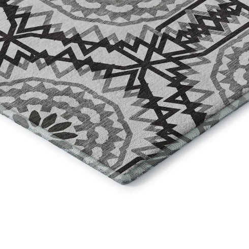 8' White And Black Geometric Washable Round Rug With UV Protection