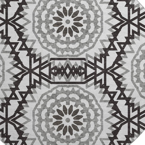 8' White And Black Geometric Washable Round Rug With UV Protection