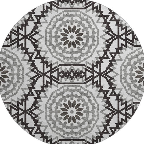 8' White And Black Geometric Washable Round Rug With UV Protection