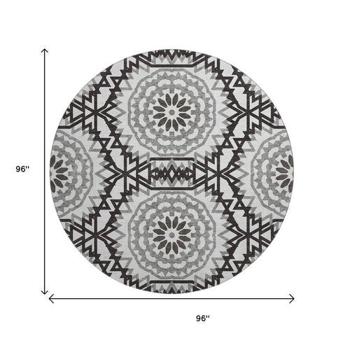 8' White And Black Geometric Washable Round Rug With UV Protection