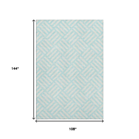 9' X 12' Aqua And Ivory Geometric Washable Area Rug With UV Protection